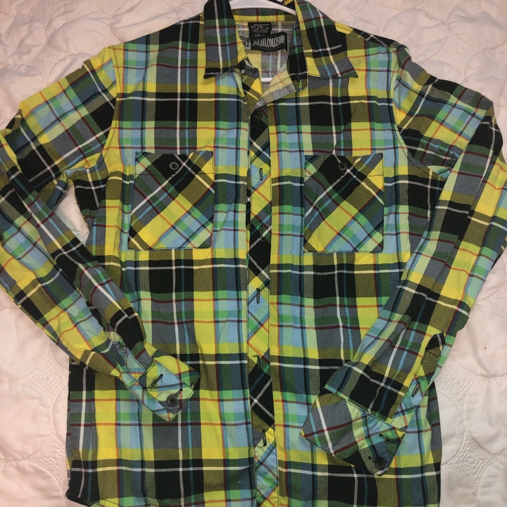Social Collision yellow plaid button down shirt